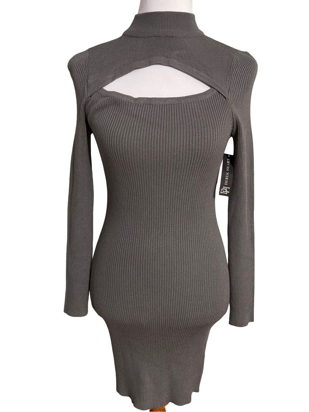 Derek Heart Ribbed Long Sleeve Cutout Dress in Gray